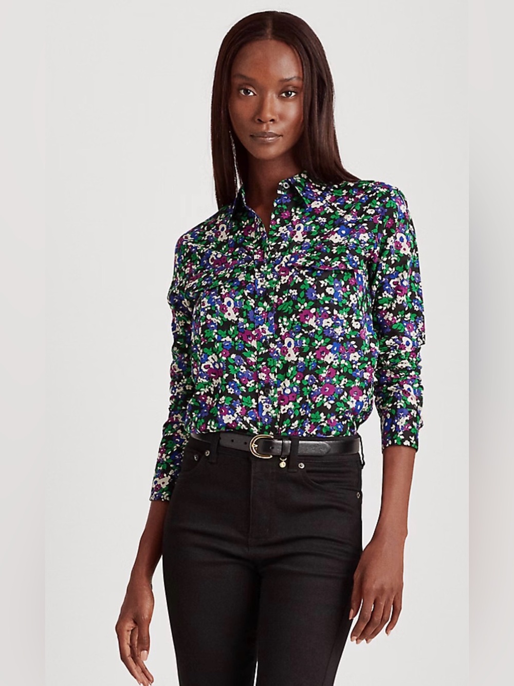 Lauren Ralph Lauren women’s black Floral Button Up Top Blouse Top size M